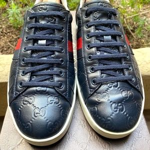 GUCCI Ace Navy Leather GG Embossed Signature Sneakers 386750 10G=US10.5